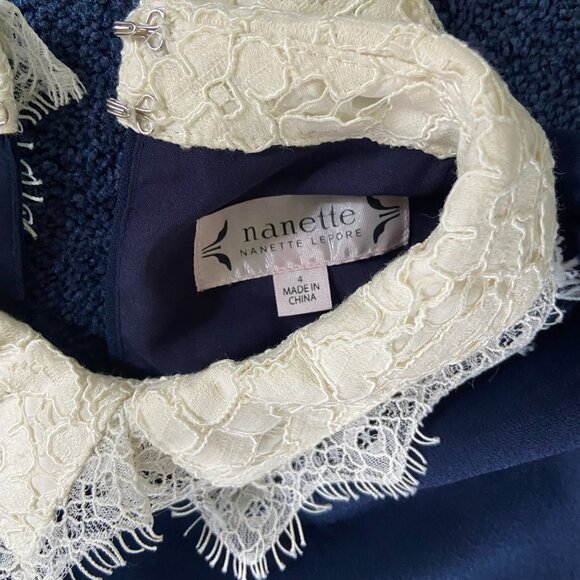 NWT $169+ Nanette Lepore Lace Peak Collar Shift Dress Navy+Cream Pleated Hem Sz4 - Picture 4 of 4